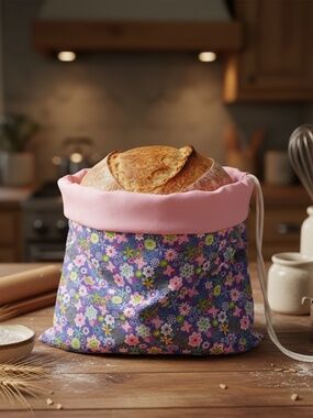 Purple Butterfly Floral Cotton Bread Bag, Reusable Sourdough Bread Storage Bag